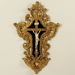 FANCY CARVED WOOD AND GILT CRUCIFIX, 19TH C.