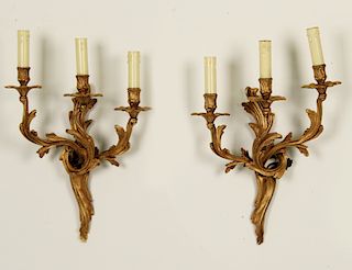 PAIR OF LOUIS XV STYLE GILT BRONZE 3 LIGHT WALL SCONCE