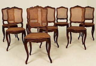 SET OF 8 LOUIS XV STYLE WALNUT CANE BACK CHAIRS