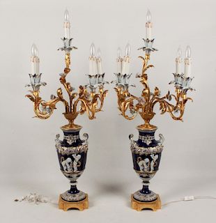 PAIR OF SEVRES STYLE 5 LIGHT CANDELABRA