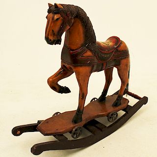 CHILD'S POLYCHROME CARVED WOOD ROCKING HORSE/PULL TOY
