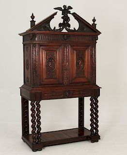 ITALIAN CARVED WALNUT CABINET ON STAND