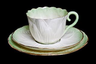 Three Belleek Lily Articles, Diameter of saucer 5 1/8 inches.