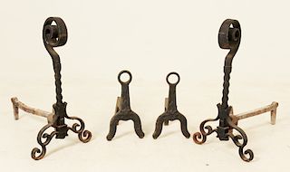 TWO PAIR OF WROUGHT IRON FIREPLACE ANDIRONS