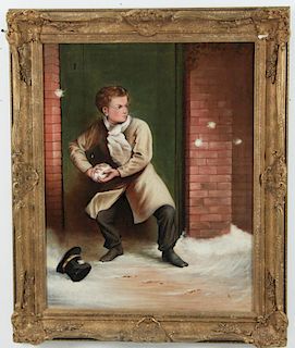 19TH C. O/C PAINTING OF YOUNG BOY IN SNOW