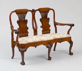 FINE EARLY GEORGE III CARVED MAHOGANY DOUBLE CHAIR-BACK SETTEE, CIRCA 1745