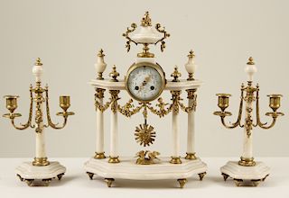 3 PIECE FRENCH MARBLE AND GILT BRONZE CLOCK SET