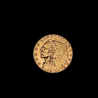 * A United States 1913 Indian Head $2.50 Gold Coin