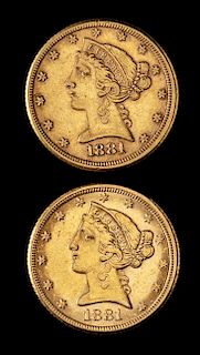 * Two United States 1881 Liberty Head $5 Gold Coins