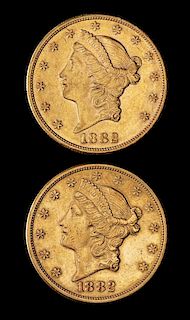 * Two United States 1882-S Liberty Head $20 Gold Coin