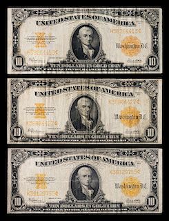 * A Group of Three United States Series 1922 $10 Gold Certificates