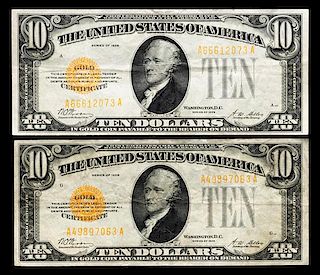 Two United States Series 1928 $10 Gold Certificates