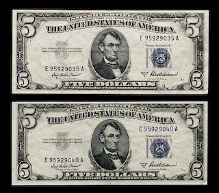 * A Two United States Series 1953A $5 Silver Certificates