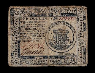 * An American Continental Congress 2/17/1776 One-Dollar Note