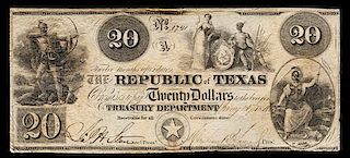 * An 1840 Republic of Texas $20 Treasury Note