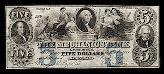 Obsolete $5 Bank Note: The Mechanics Bank of Memphis