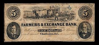 Obsolete $5 Bank Note: Farmers & Exchange Bank of Charleston