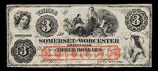 Obsolete $3 Bank Note: The Somerset & Worcester Savings Bank