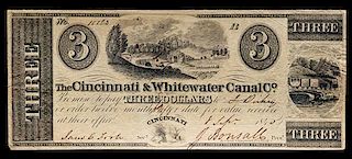 Obsolete $3 Bank Note: The Cincinnati & Whitewater Canal Co.