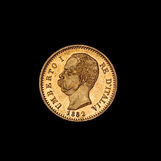 * An Italian Kingdom 1882-R Umberto I 20 Lira Gold Coin
