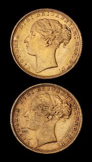 * Two United Kingdom 1872 Sovereign: Young Victoria-London Mint Gold Coin