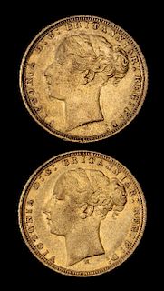 * Two United Kingdom 1872-M Sovereign: Young Victoria-Melbourne Mint Gold Coin