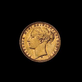 * A United Kingdom 1873-M Sovereign: Young Victoria-Melbourne Mint Gold Coin