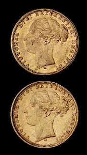 * Two United Kingdom 1876-M Sovereign: Young Victoria-Melbourne Mint Gold Coin