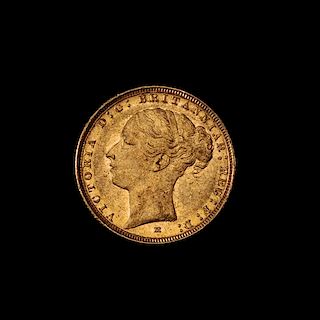 * A United Kingdom 1884-M Sovereign: Young Victoria-Melbourne Mint Gold Coin
