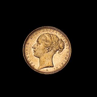 * A United Kingdom 1885-M Sovereign: Young Victoria-Melbourne Mint Gold Coin