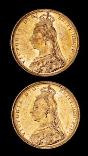 * Two United Kingdom 1889-M Sovereign: Jubilee Head-Melbourne Mint Gold Coin