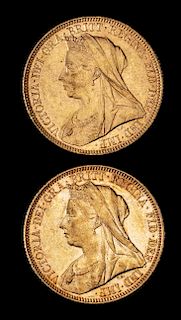 * Two United Kingdom 1893 Sovereign: Veiled Head-London Mint Gold Coin