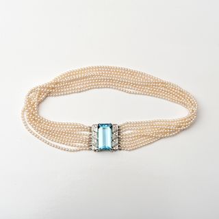 Nine Strand 18k White Gold, Aquamarine and Seed Pearl Choker Necklace