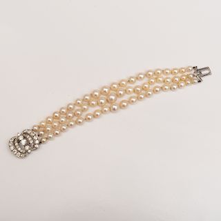 Triple Strand Cultured Pearl, Platinum and Diamond Bracelet