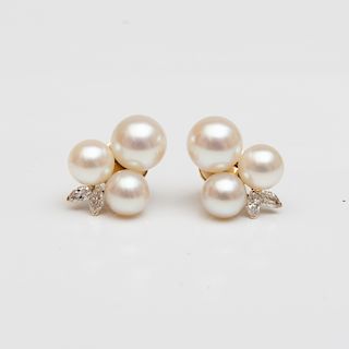 Pair of 18k Gold, Cultured Pearl and Diamond Earclips