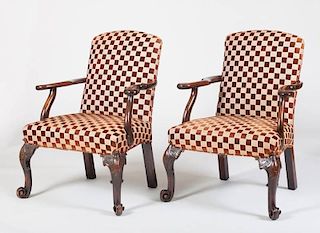 PAIR GEORGE III STYLE CARVED MAHOGANY ARMCHAIRS