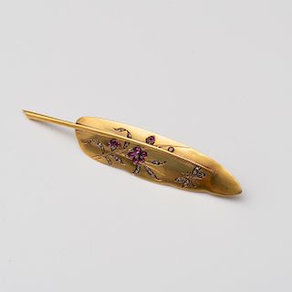 French 18k Gold Feather Brooch