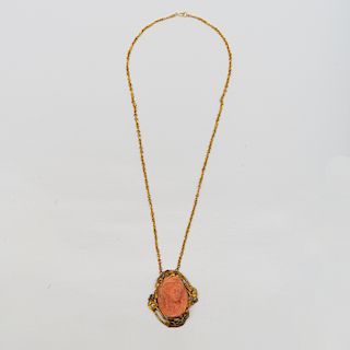 Vintage 14k Gold, Coral Cameo and Sapphire Pendant Necklace