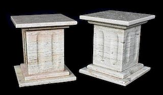 A Pair of Travertine Marble Tabletop Pedestals, Height 5 3/4 x width 5 1/4 x depth 5 1/4 inches.