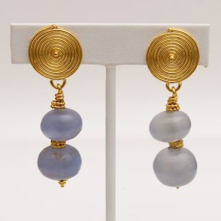 Pair of 18k Gold and Chalcedony Earclips