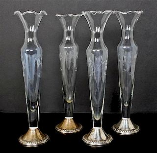 Four Silver and Etched Glass Bud Vases, Height 10 1/4 inches.