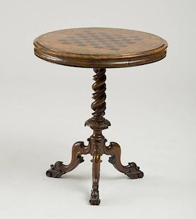 EARLY VICTORIAN INLAID BURL WALNUT GAMES TABLE