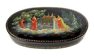A Russian Lacquer Box, Height 1 1/4 x width 7 x depth 3 3/4 inches.