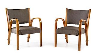 Hughes Steiner, (French, 1926-1991), Steiner Paris, c. 1948 pair of Bow-Wood lounge chairs