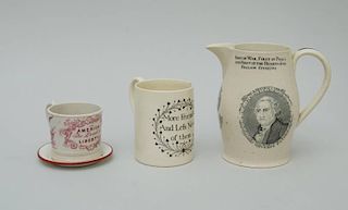 ENGLISH TRANSFER-PRINTED CREAMWARE PITCHER, TWO MUGS AND A CUP STAND, COMMEMORATION YEAR 1824