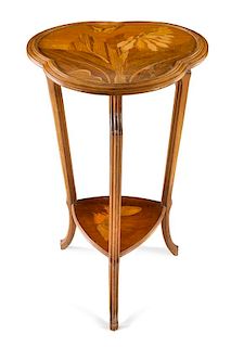 Emile Galle, (French, 1846-1904), marquetry two-tier corner table
