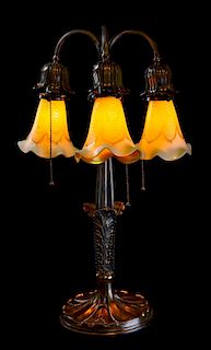 * Manner of Stuben, American, Early 20th Century, Art Nouveau table lamp set with shades