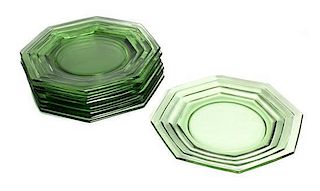 A Set of Nine Art Deco Green Glass Dessert Plates, Diameter 8 1/8 inches.