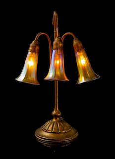 * Tiffany Studios, American, Early 20th Century, Three Light Lily lamp
