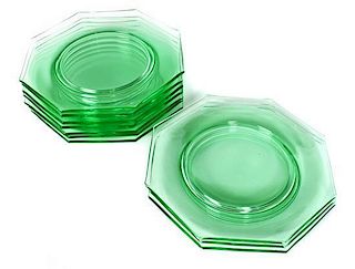 A Set of Ten Green Glass Dessert Plates, Diameter 8 1/8 inches.